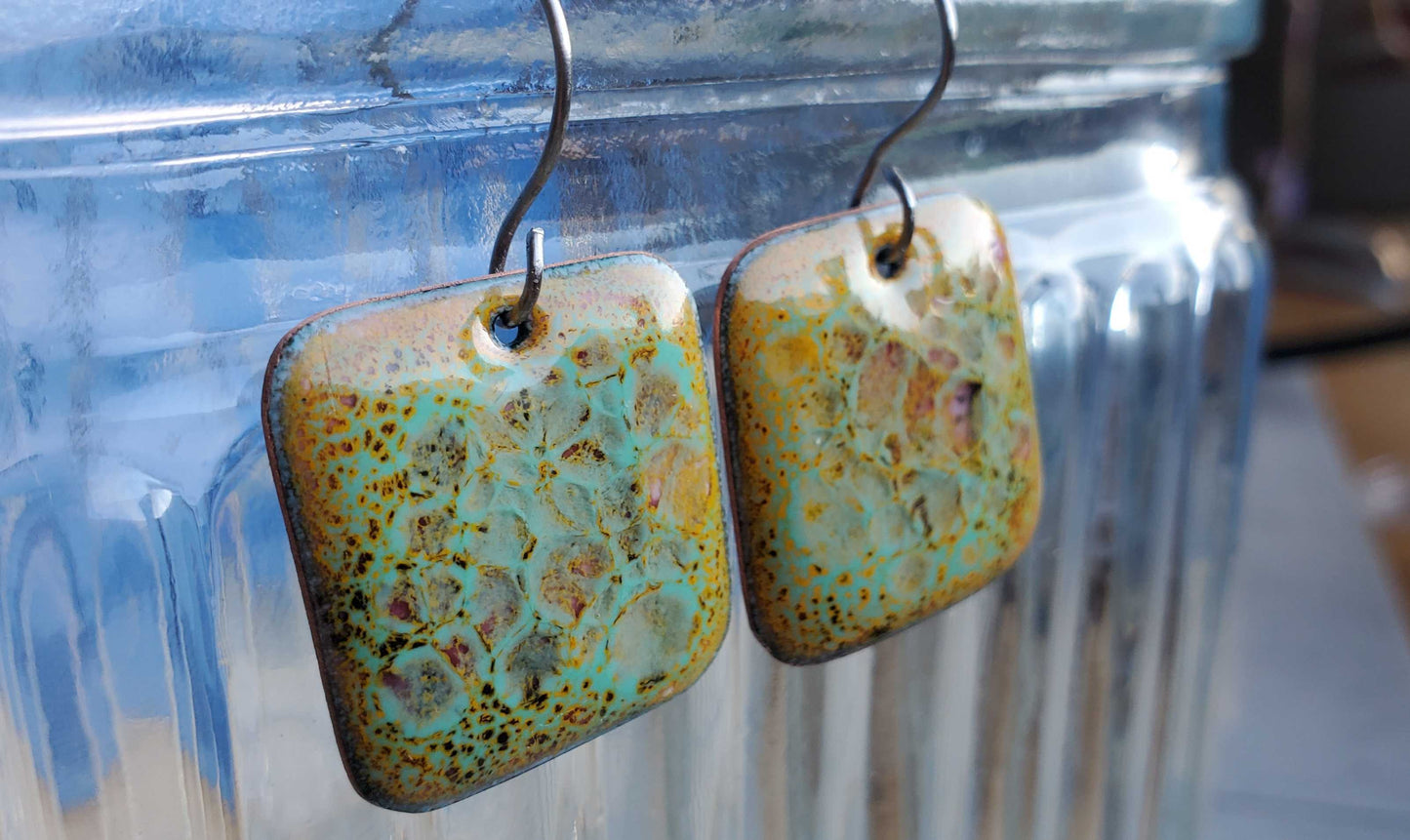 Yellow and Teal Copper Enamel Earrings with a Big Crackle Design