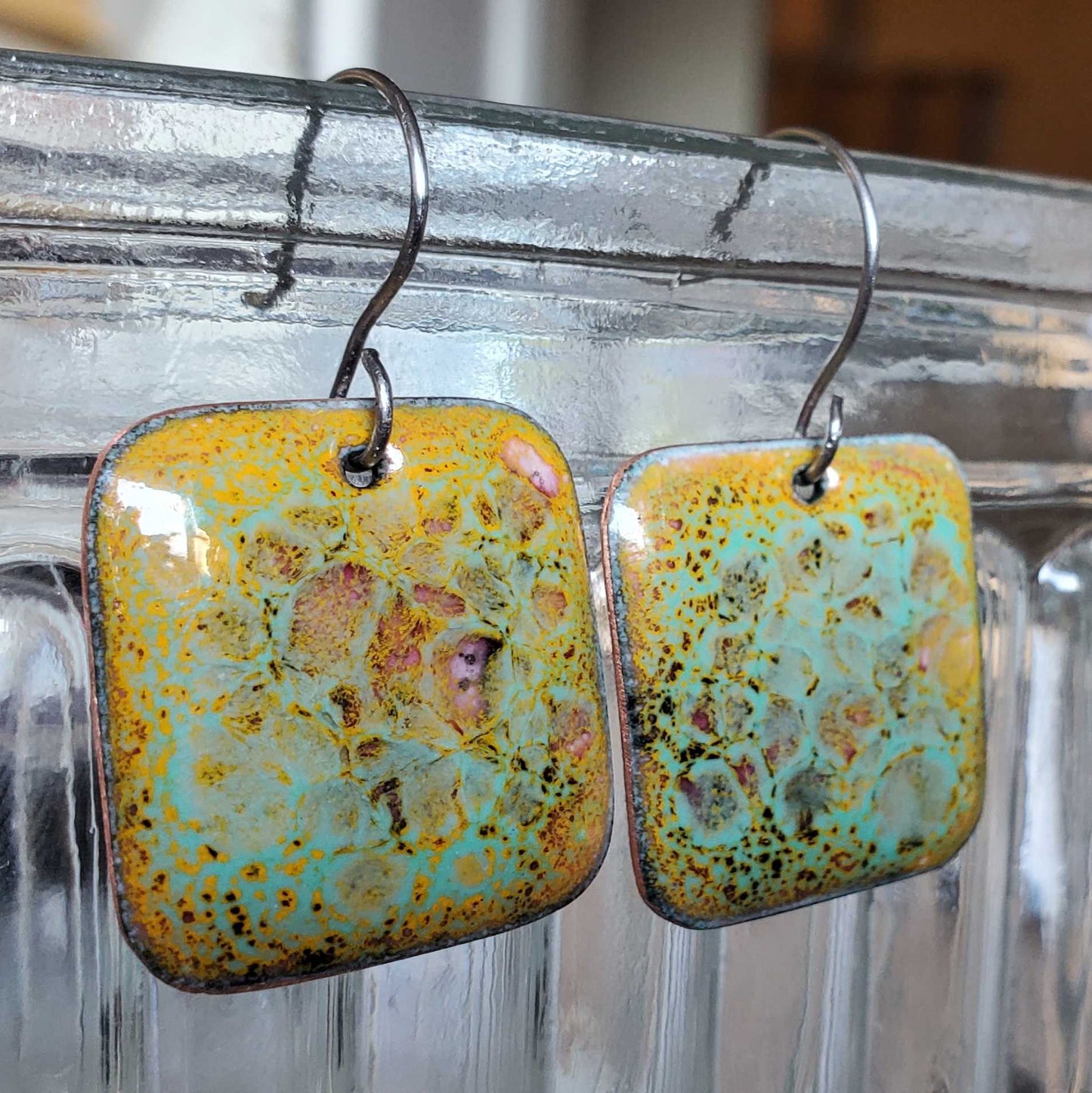 Yellow and Teal Copper Enamel Earrings with a Big Crackle Design