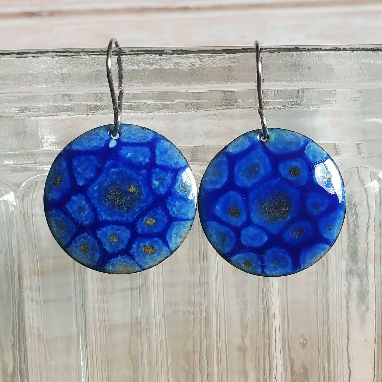 Blue Circular Copper Earrings Dangle Boho Mandala Like Pattern