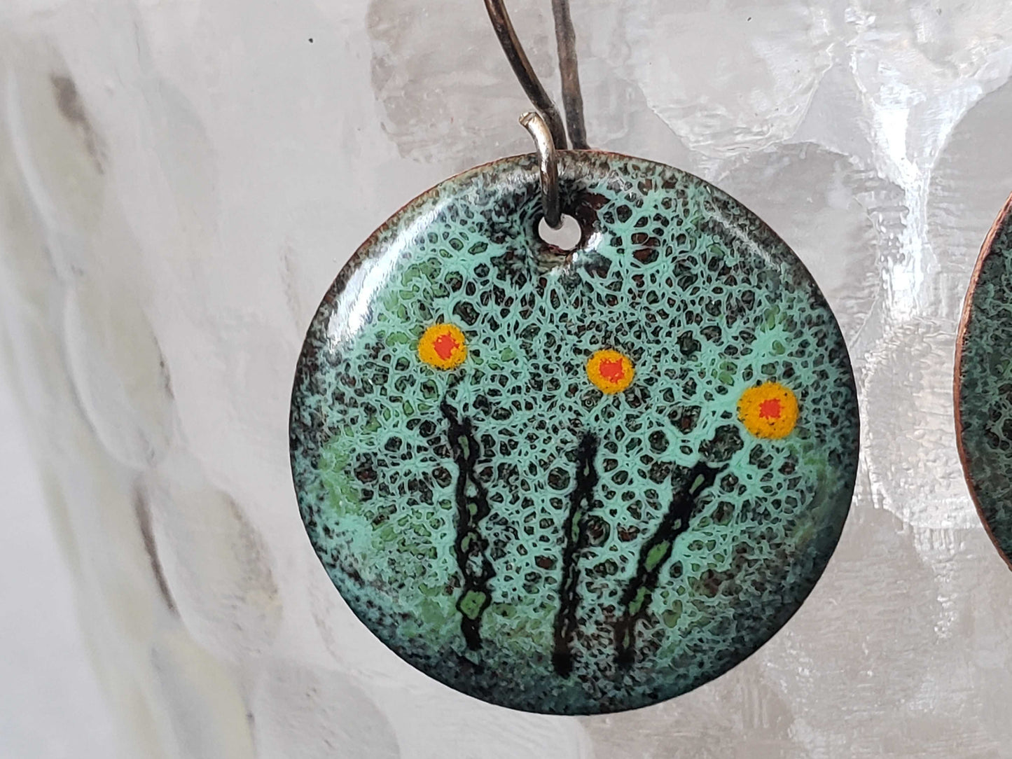 Copper Dangle Earrings Turquoise Crackle Design with 3 Flowers Boho Natural