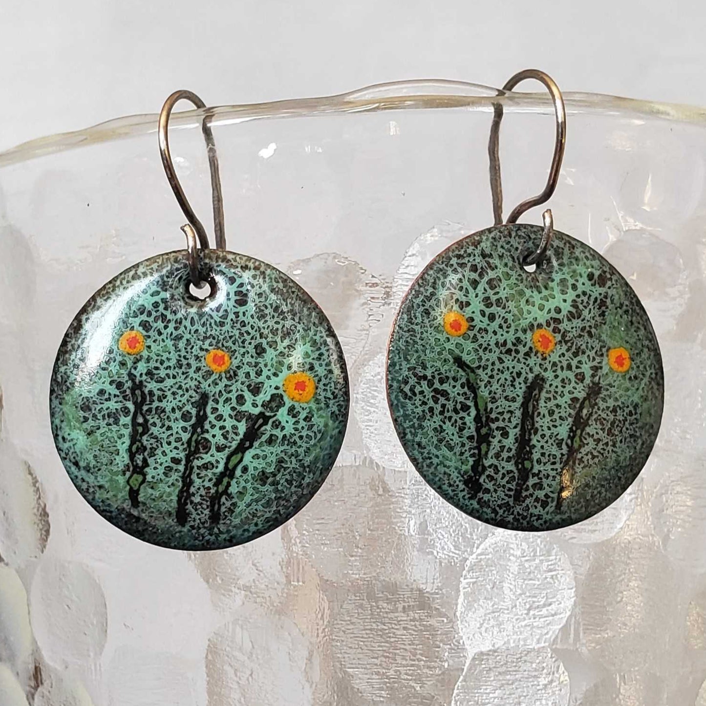 Copper enamel earrings blue turquoise 3 flowers
