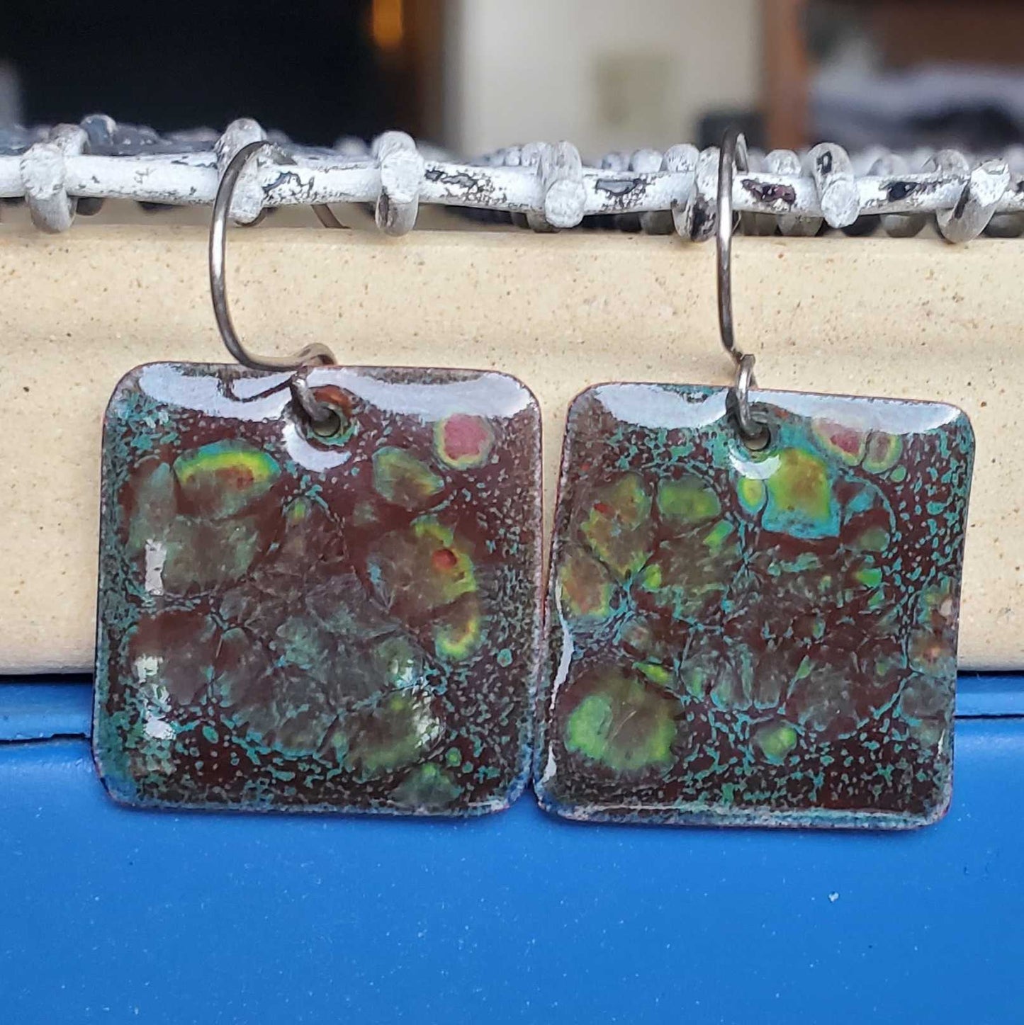 Brown Teal Copper Earrings Rectangle Crackle Design Dangle Boho