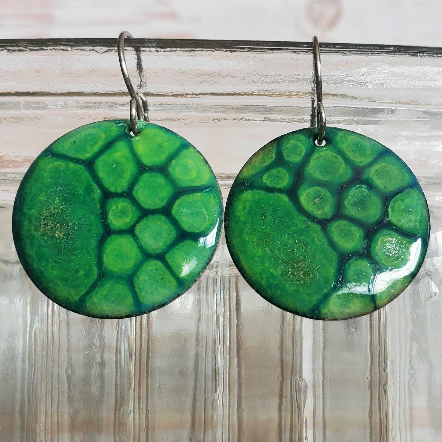 Green Copper Earrings Dangle Boho Circles Turtle Shell Pattern