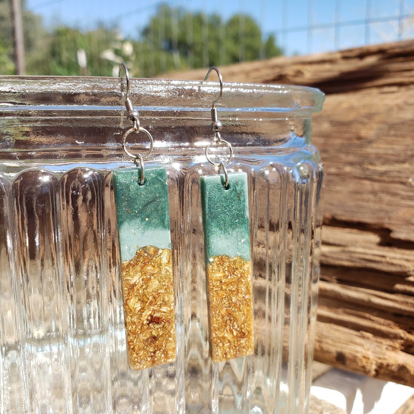 Green & Gold Bar Earrings – Real Jasmine Flower Sand Lake-Inspired Handmade