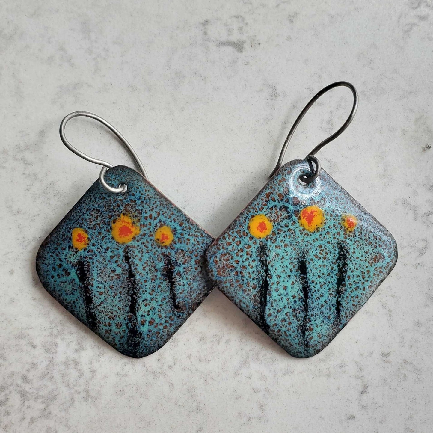 Boho Turquoise Copper Dangle Earrings 3 Yellow Flowers Crackle Pattern