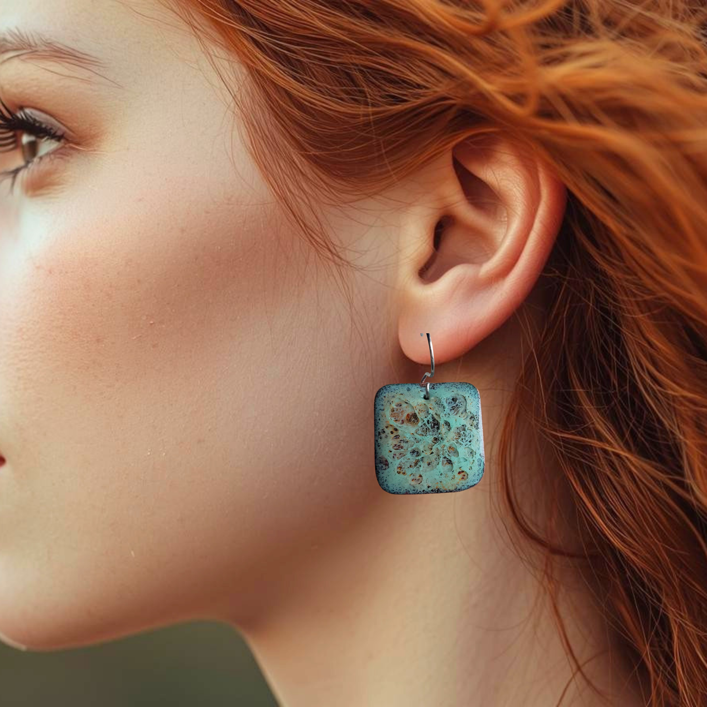 Teal Copper Earrings Rectangle Dangle Boho Big Crackle Design