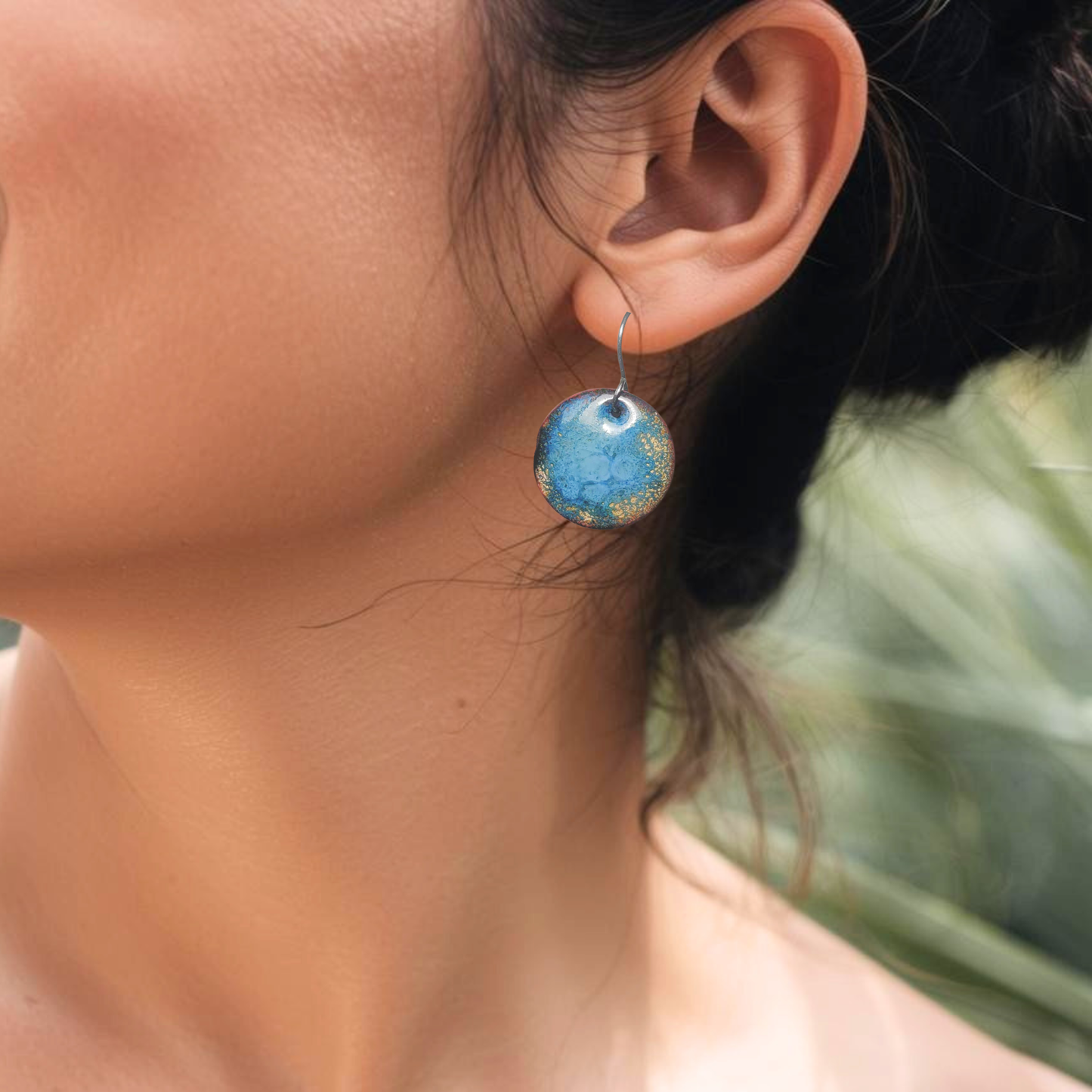 Turquoise Blue Copper Enamel Earrings #1