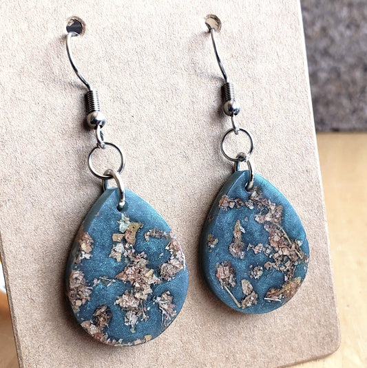 Boho Teardrop Earrings Dried Leaves Blue Green Marble Pattern