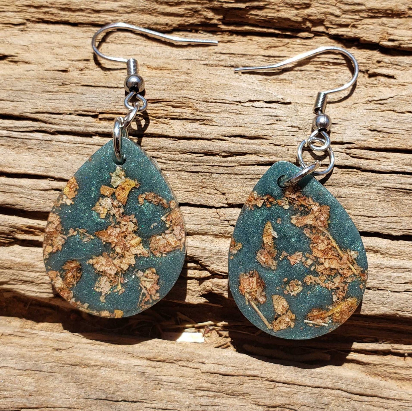 Boho Teardrop Earrings Dried Leaves Blue Green Marble Pattern