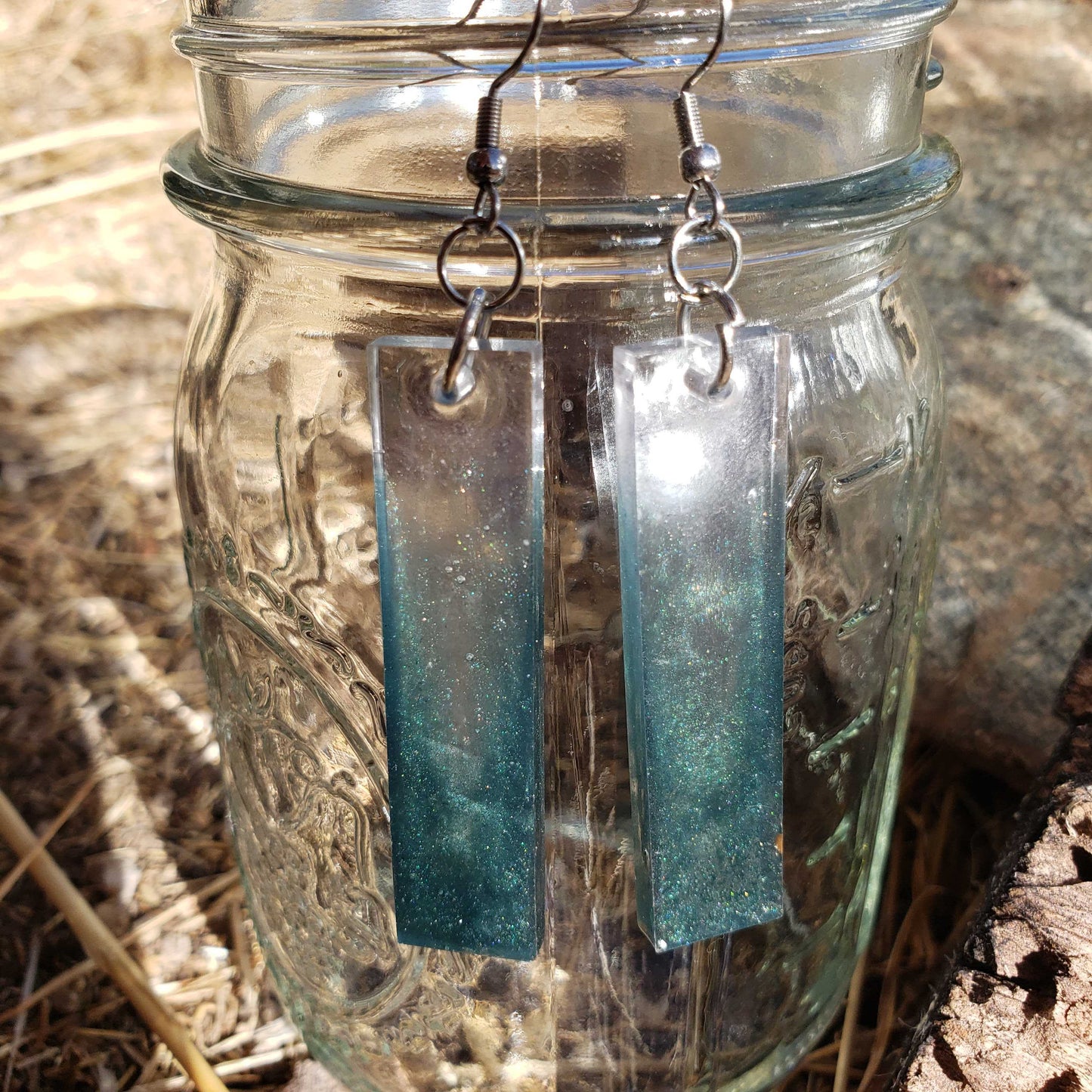 Teal Sparkly Minimalist Dangle Earrings Bar Handmade