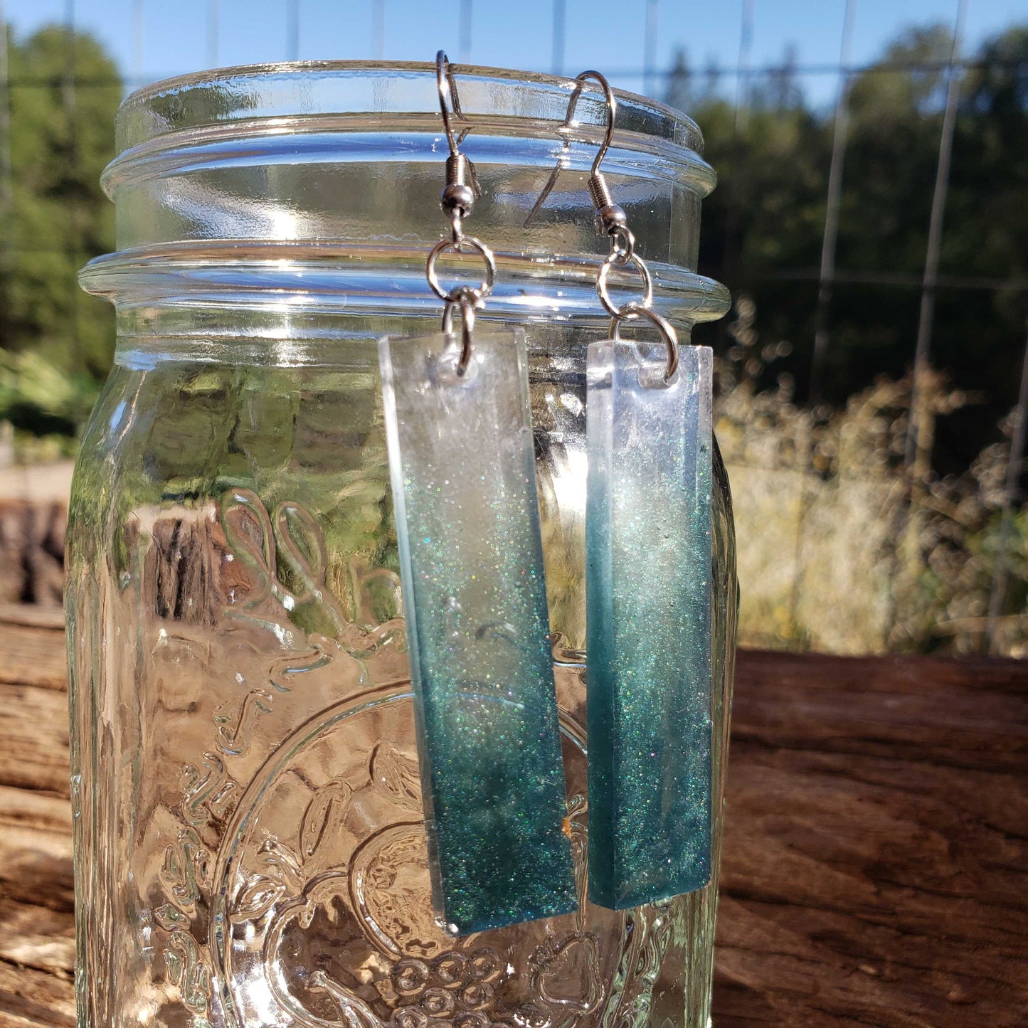 Teal Sparkly Minimalist Dangle Earrings Bar Handmade