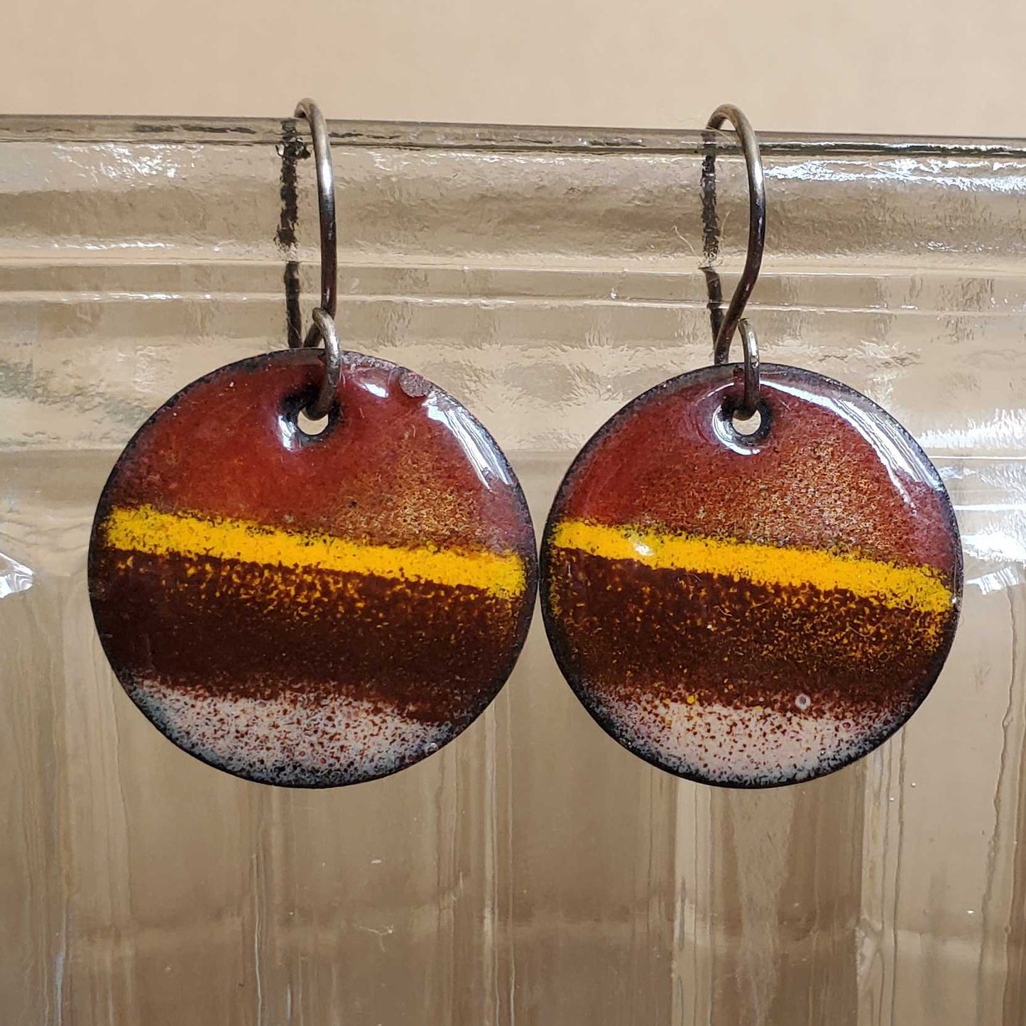 Brown Copper Earrings with Yellow Stripe Glass Retro Vibe