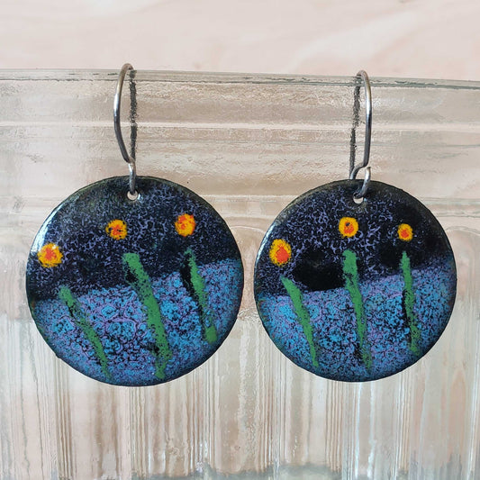 Boho Copper Enamel Earrings Flowers Lavender Field Nighttime Scene