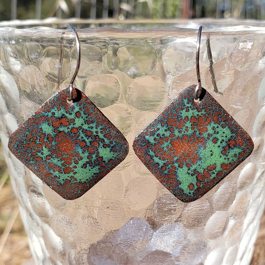 Boho Enameled Copper Dangle Earrings with Brown, Black, Mint Green Speckled Glass