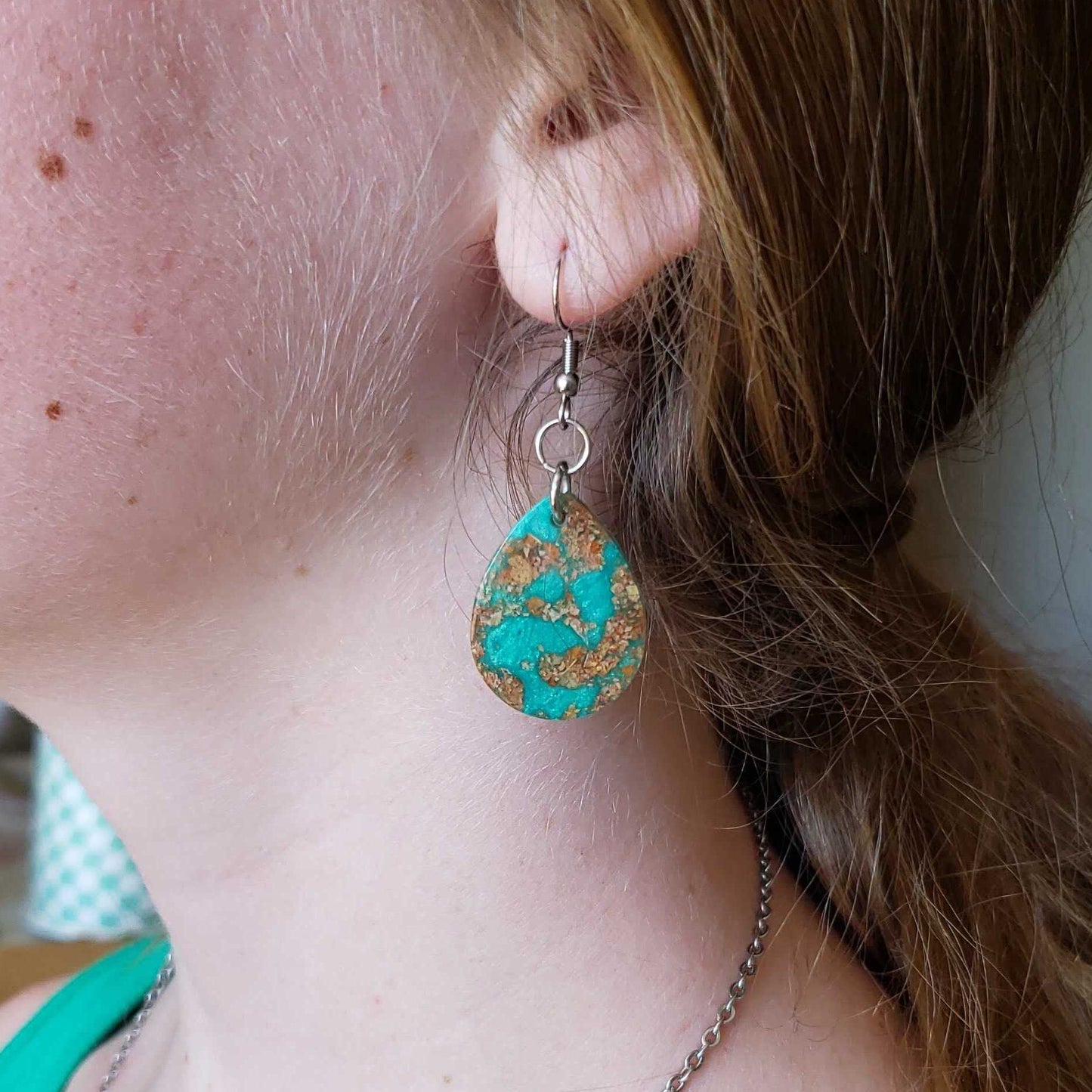 Boho Turquoise Dangle Teardrop Earrings- Bright Turquoise Marble Pattern