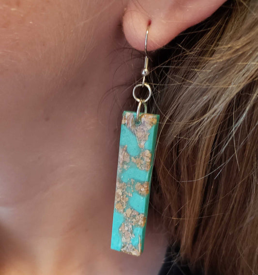 Boho Earrings Turquoise Dried Leaves Marble Rectangle Bar Dangle