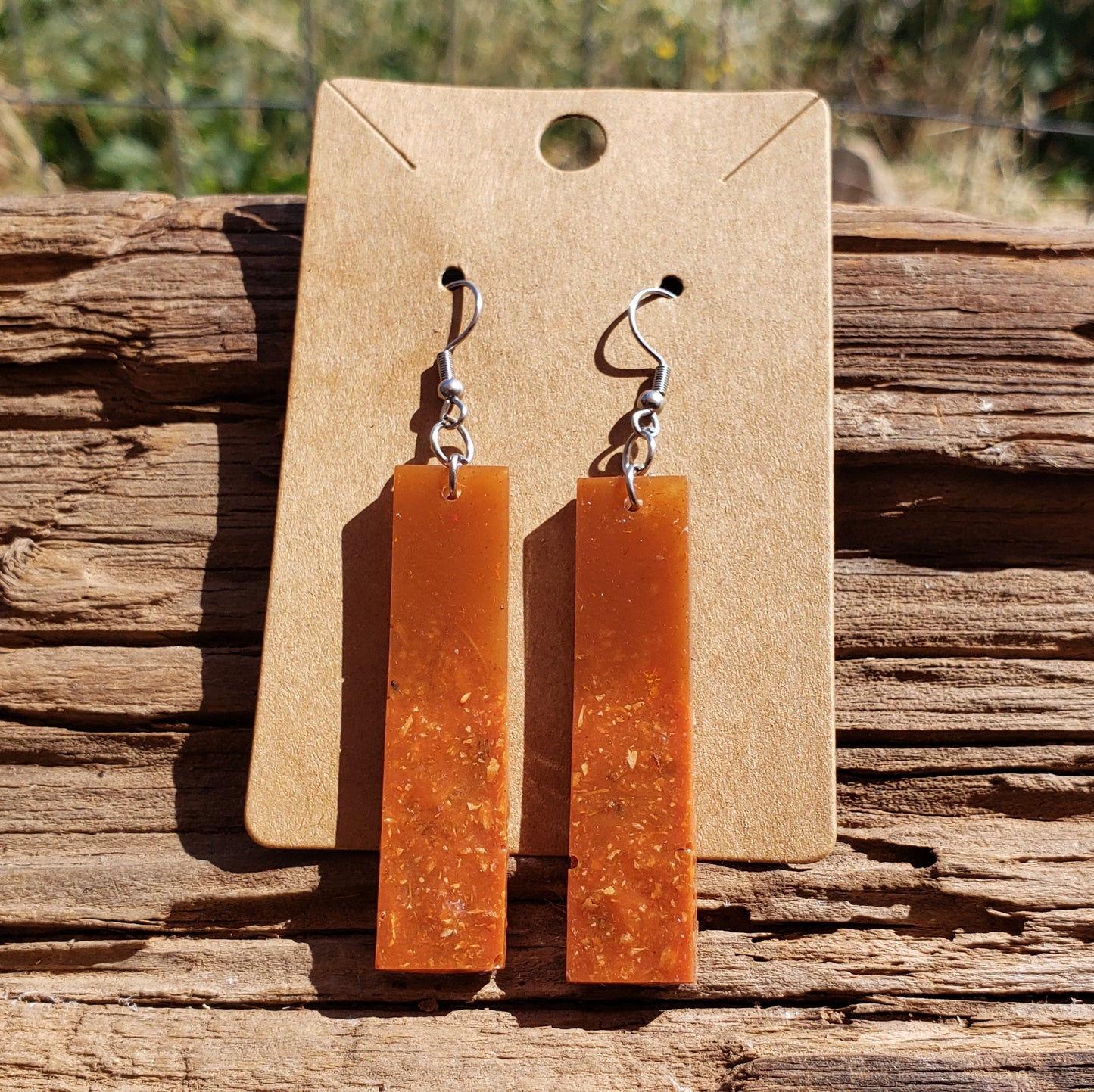 Amber-Colored Rectangle Earrings – Warm Golden-Brown with Real Jasmine Flower Petals Handmade