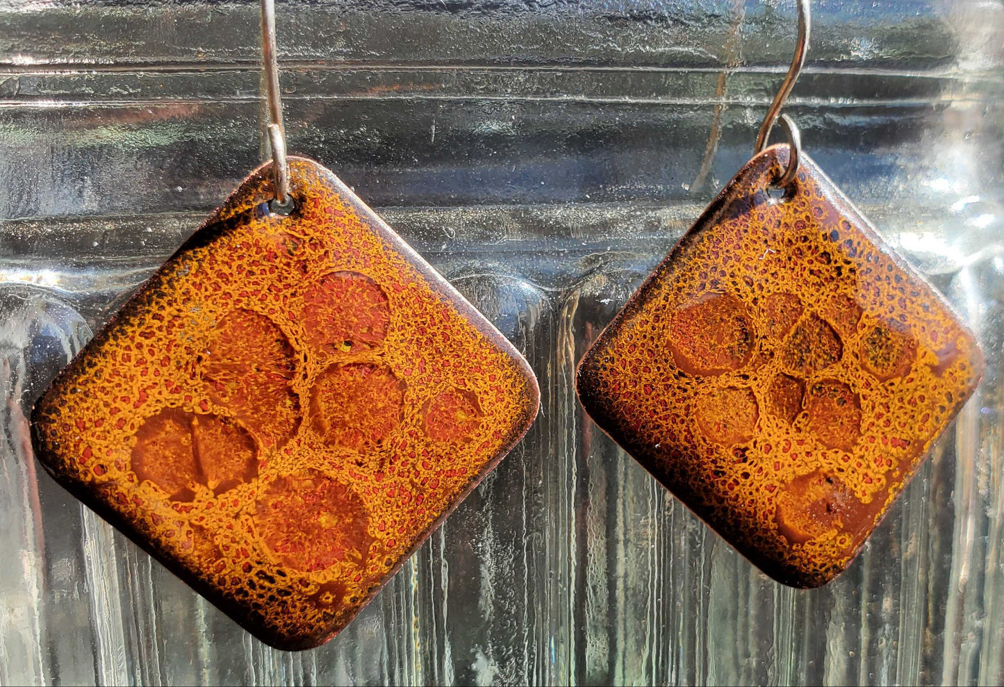 Brownish Orange Copper Enamel Earrings Fall Autumn Diamond Shape Dangles