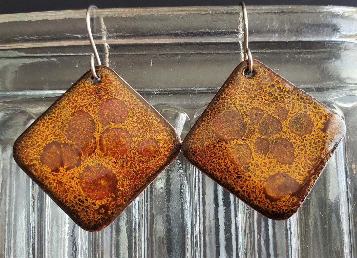 Brownish Orange Copper Enamel Earrings Fall Autumn Diamond Shape Dangles