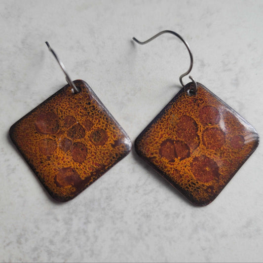 Brownish Orange Copper Enamel Earrings Fall Autumn Diamond Shape Dangles