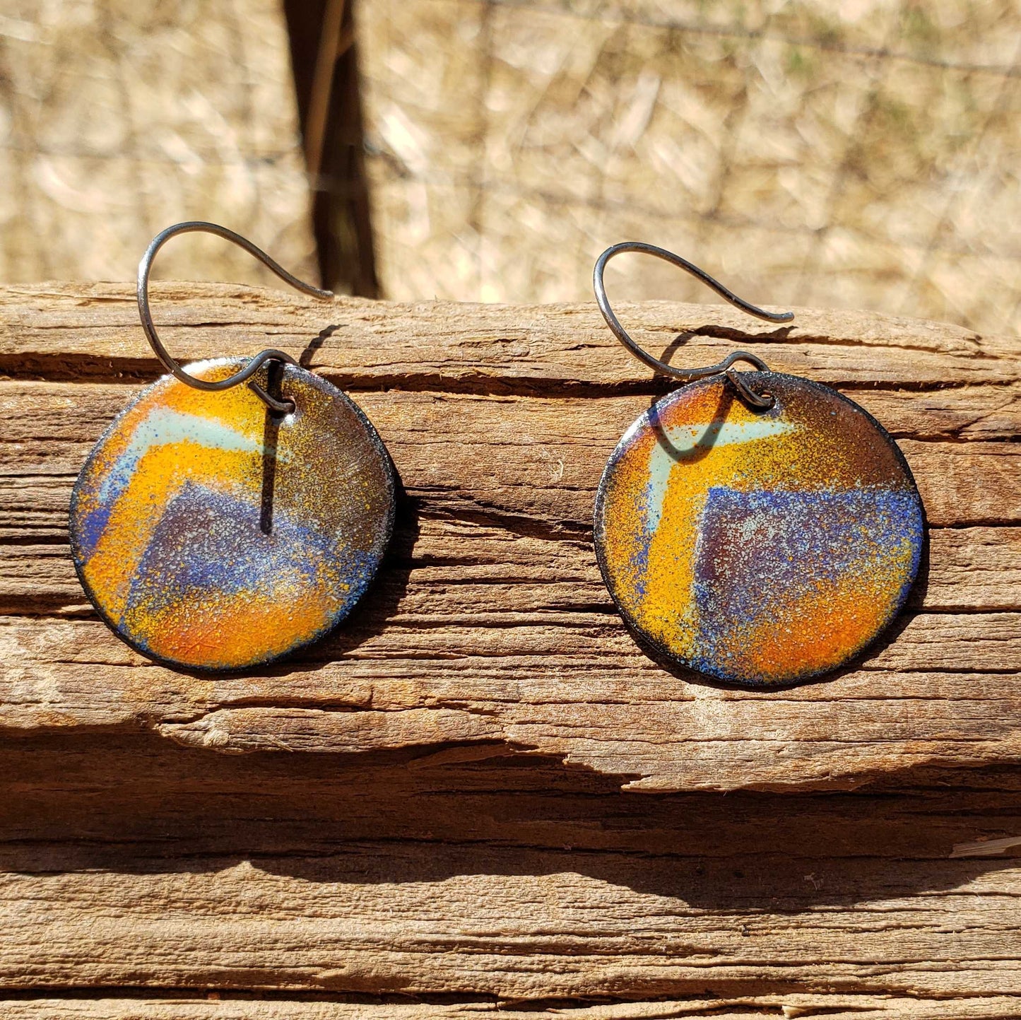 Warm Copper Enamel Dangle Earrings Yellow Orange Brown Blue Mountain Design Boho