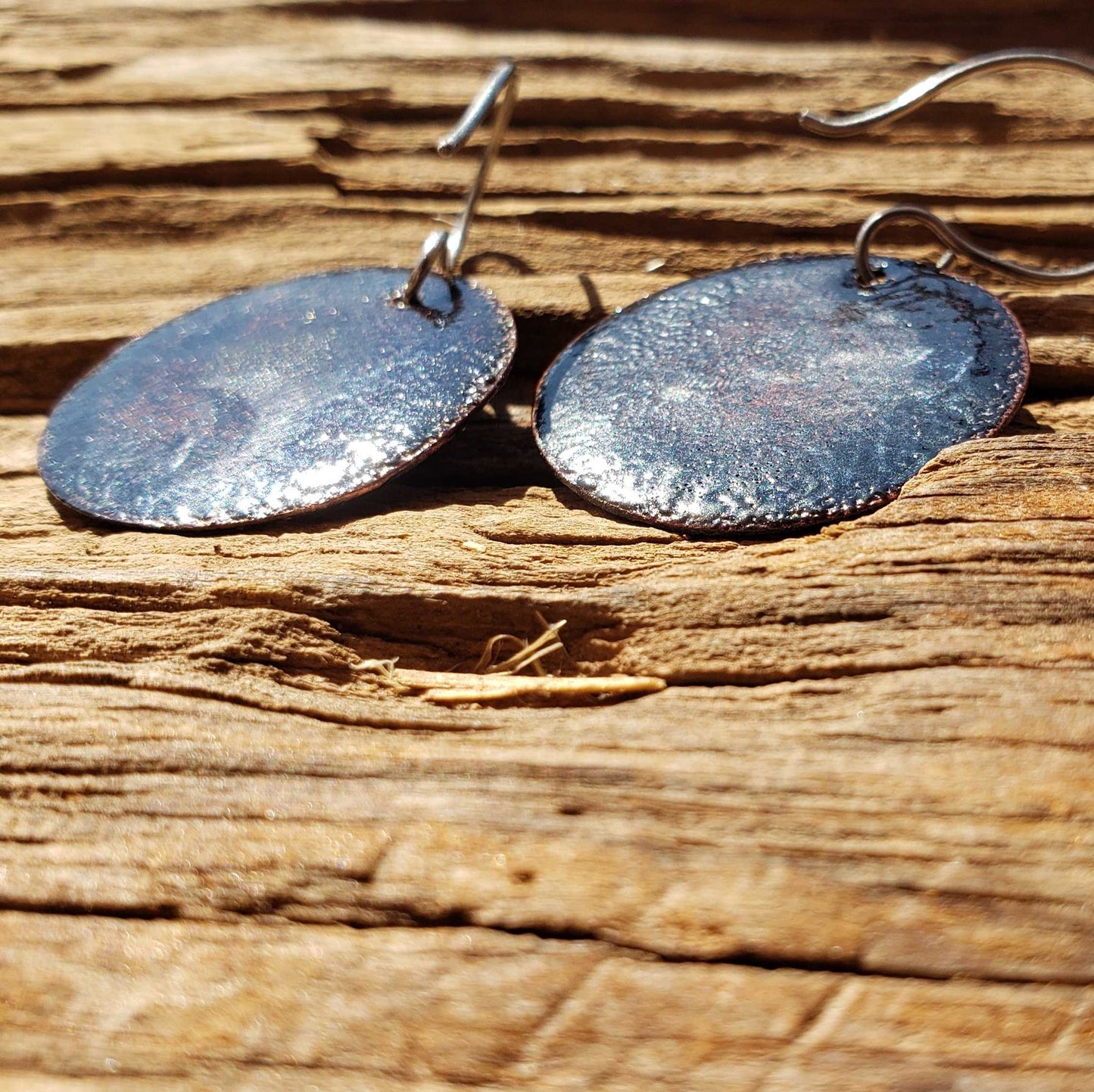 Warm Copper Enamel Dangle Earrings Yellow Orange Brown Blue Mountain Design Boho