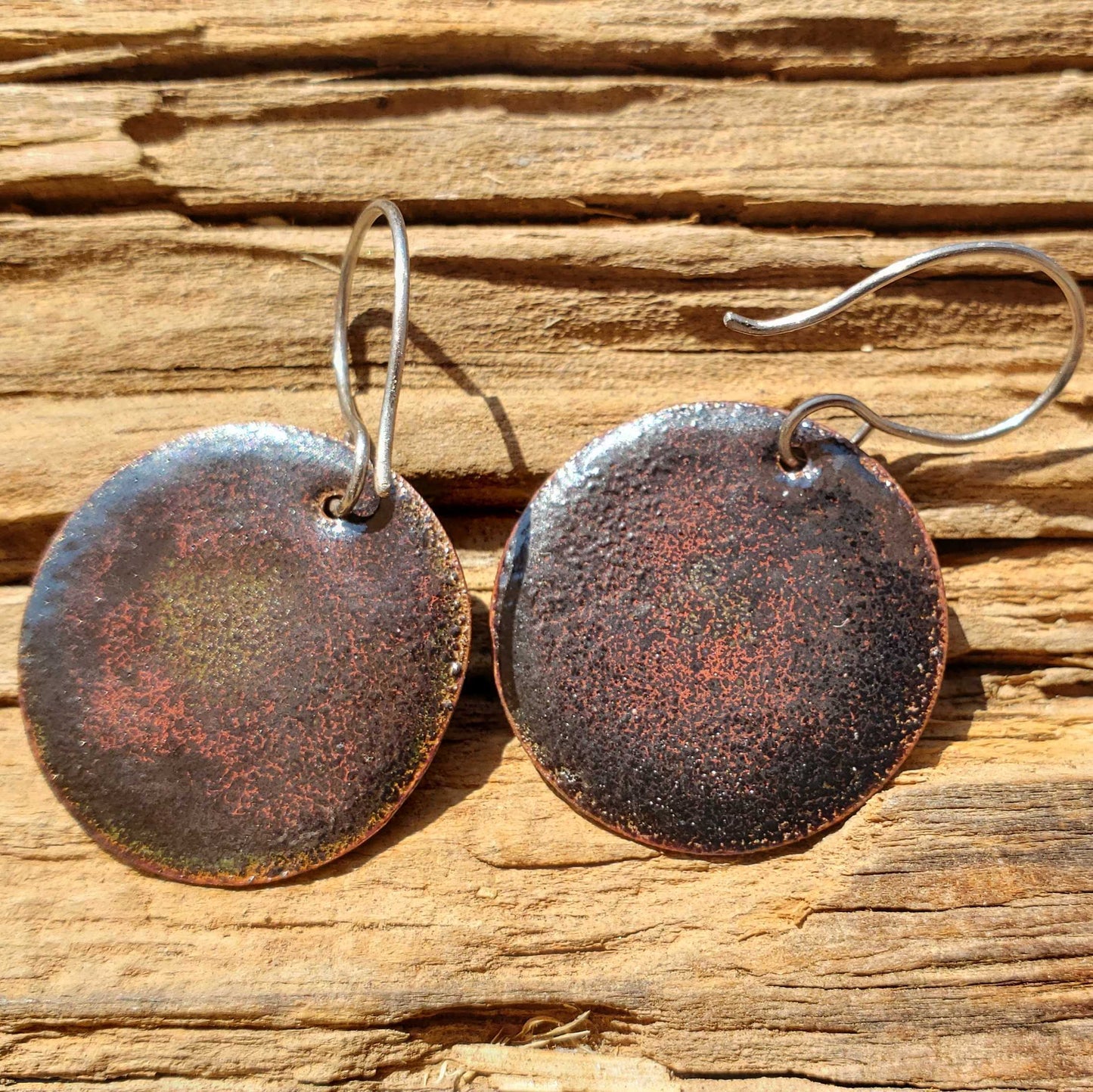 Warm Copper Enamel Dangle Earrings Yellow Orange Brown Blue Mountain Design Boho