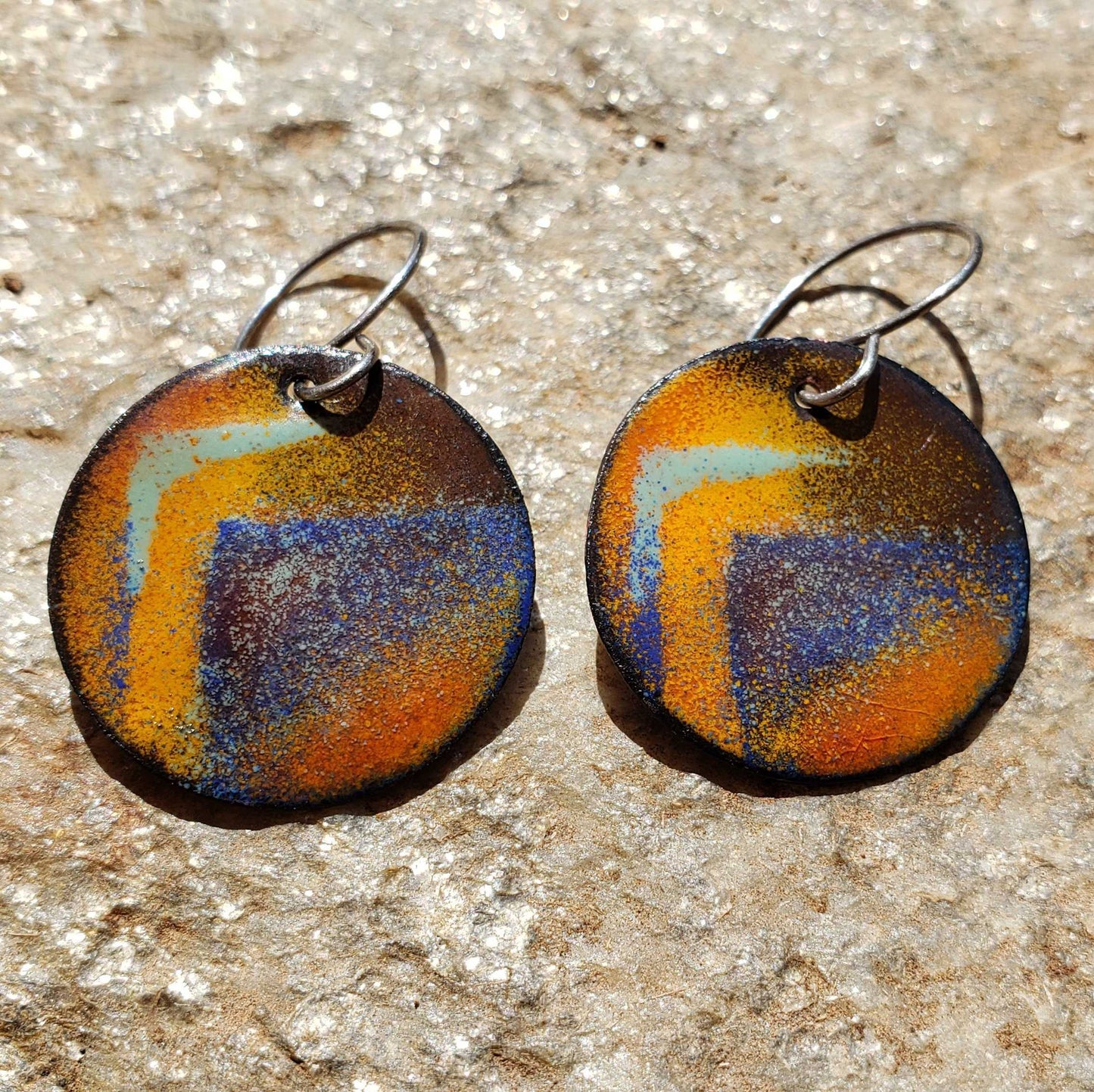 Warm Copper Enamel Dangle Earrings Yellow Orange Brown Blue Mountain Design Boho