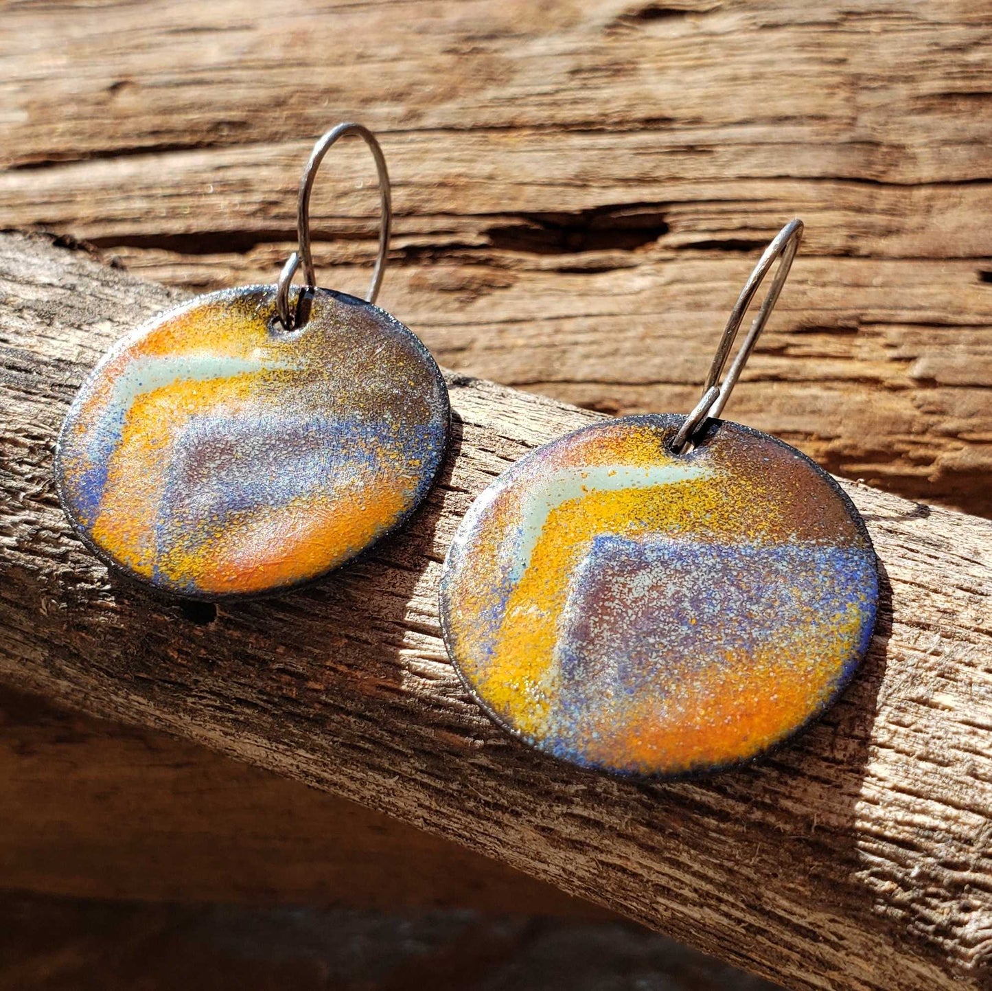 Warm Copper Enamel Dangle Earrings Yellow Orange Brown Blue Mountain Design Boho