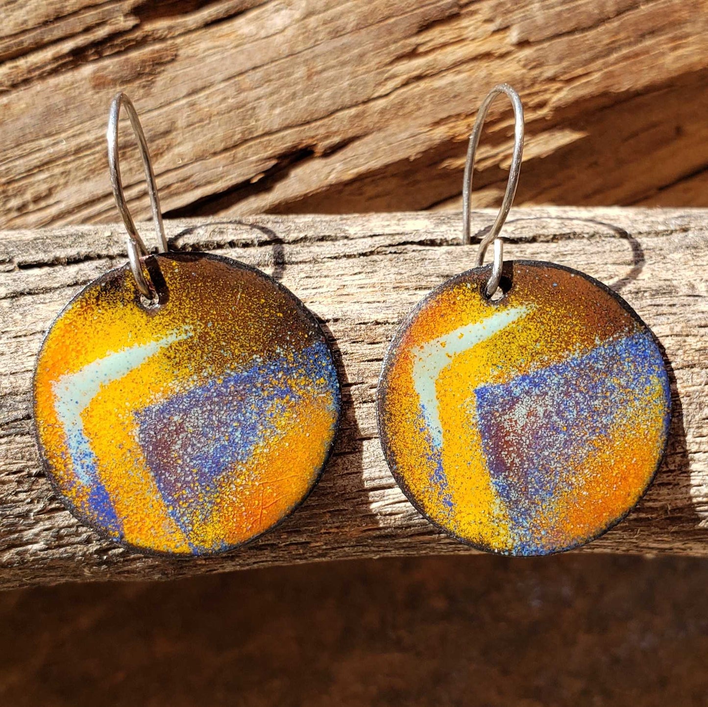 Warm Copper Enamel Dangle Earrings Yellow Orange Brown Blue Mountain Design Boho