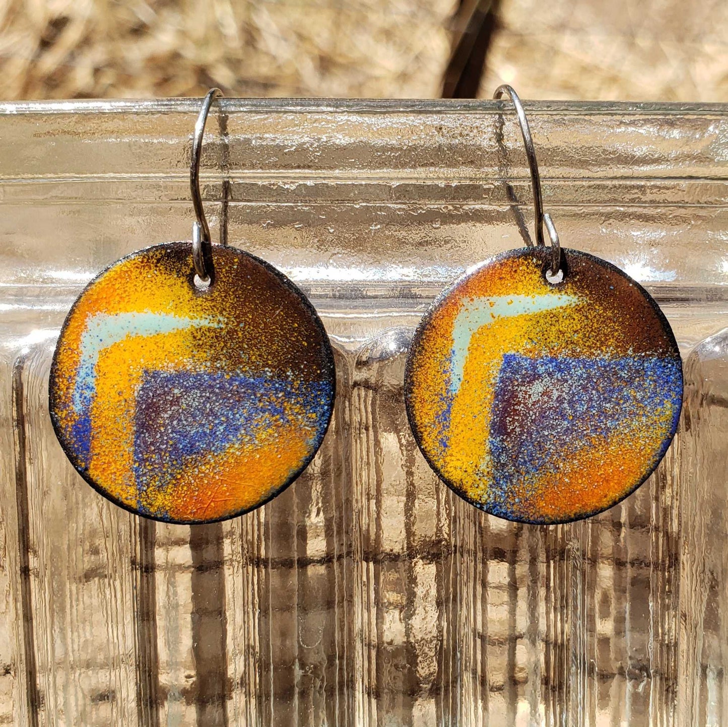 Warm Copper Enamel Dangle Earrings Yellow Orange Brown Blue Mountain Design Boho