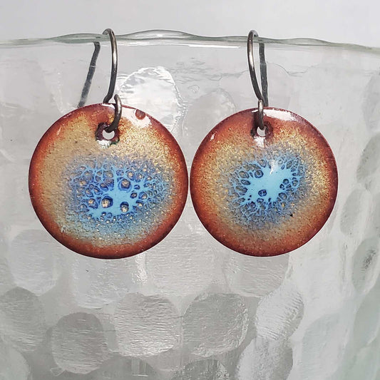 Turquoise Copper Enamel Earring Crackle Design in Center