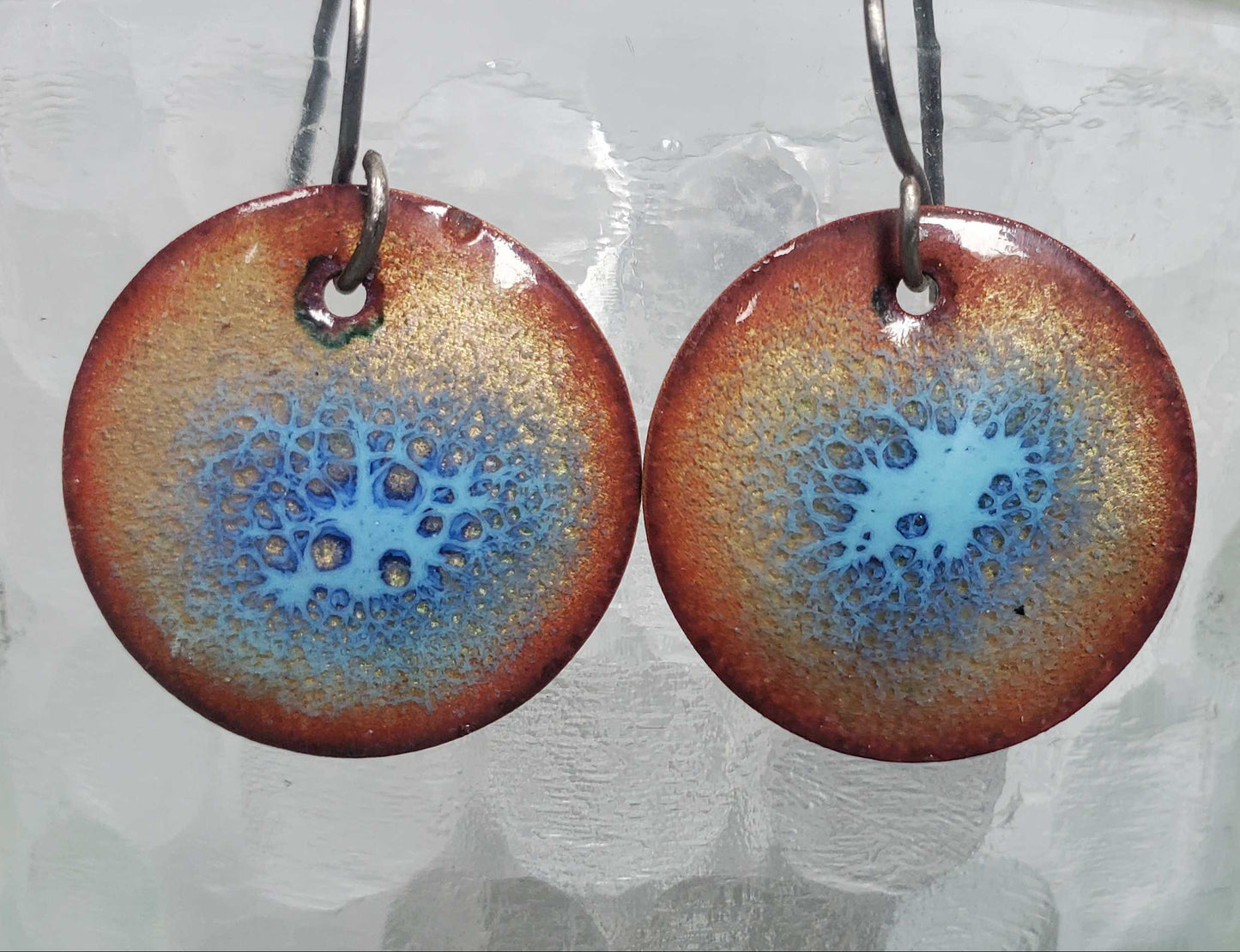 Turquoise Copper Enamel Earring Crackle Design in Center
