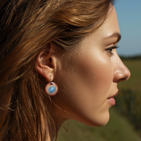 Woman wearing a copper enamel earring with a blurred natural background