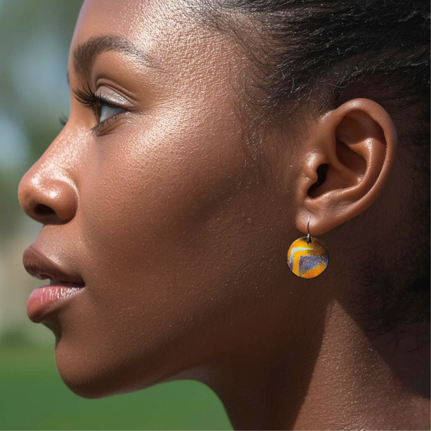 Warm Copper Enamel Dangle Earrings Yellow Orange Brown Blue Mountain Design Boho