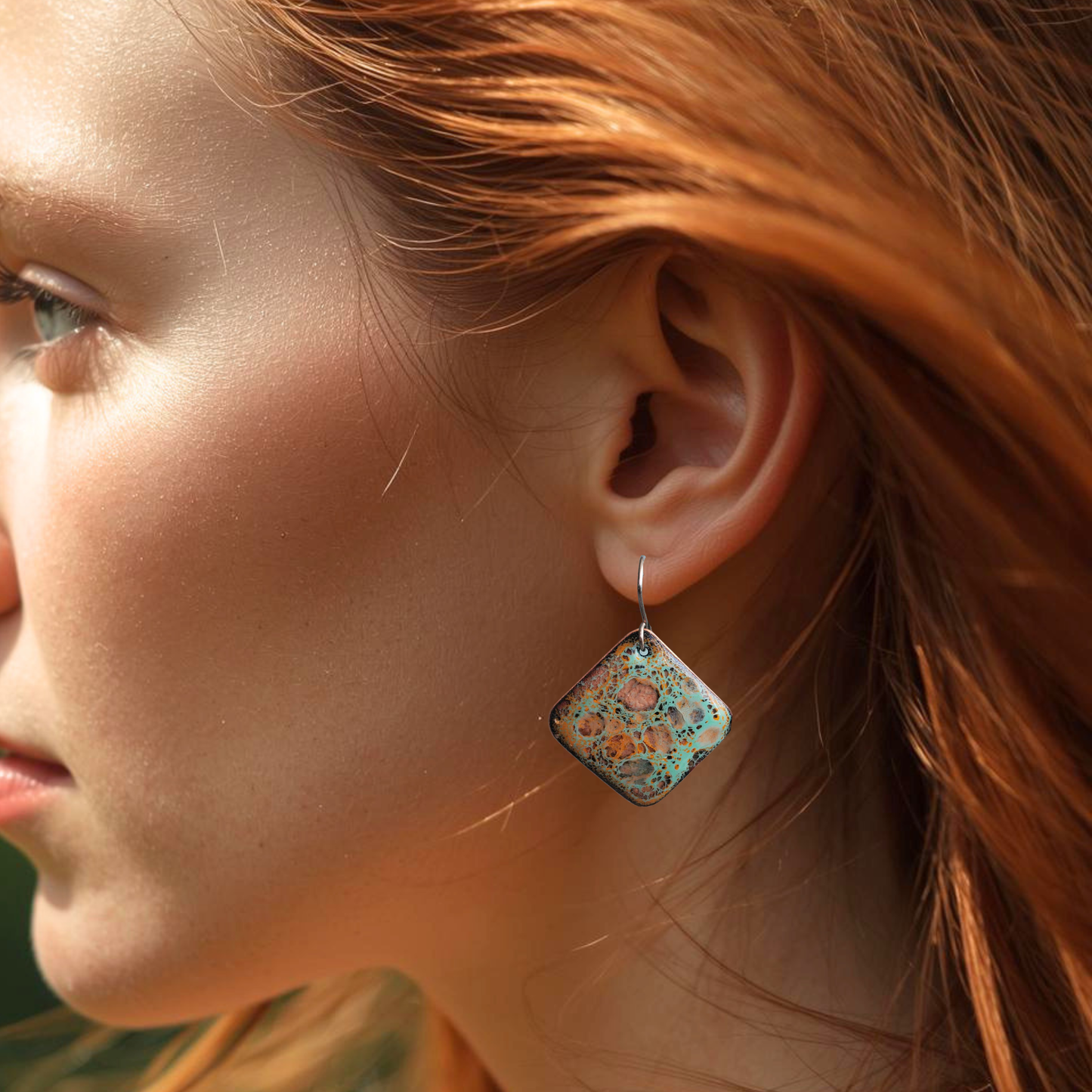Handmade Copper Earrings Unique Moonscape Design Turquoise Yellow Crackle Pattern