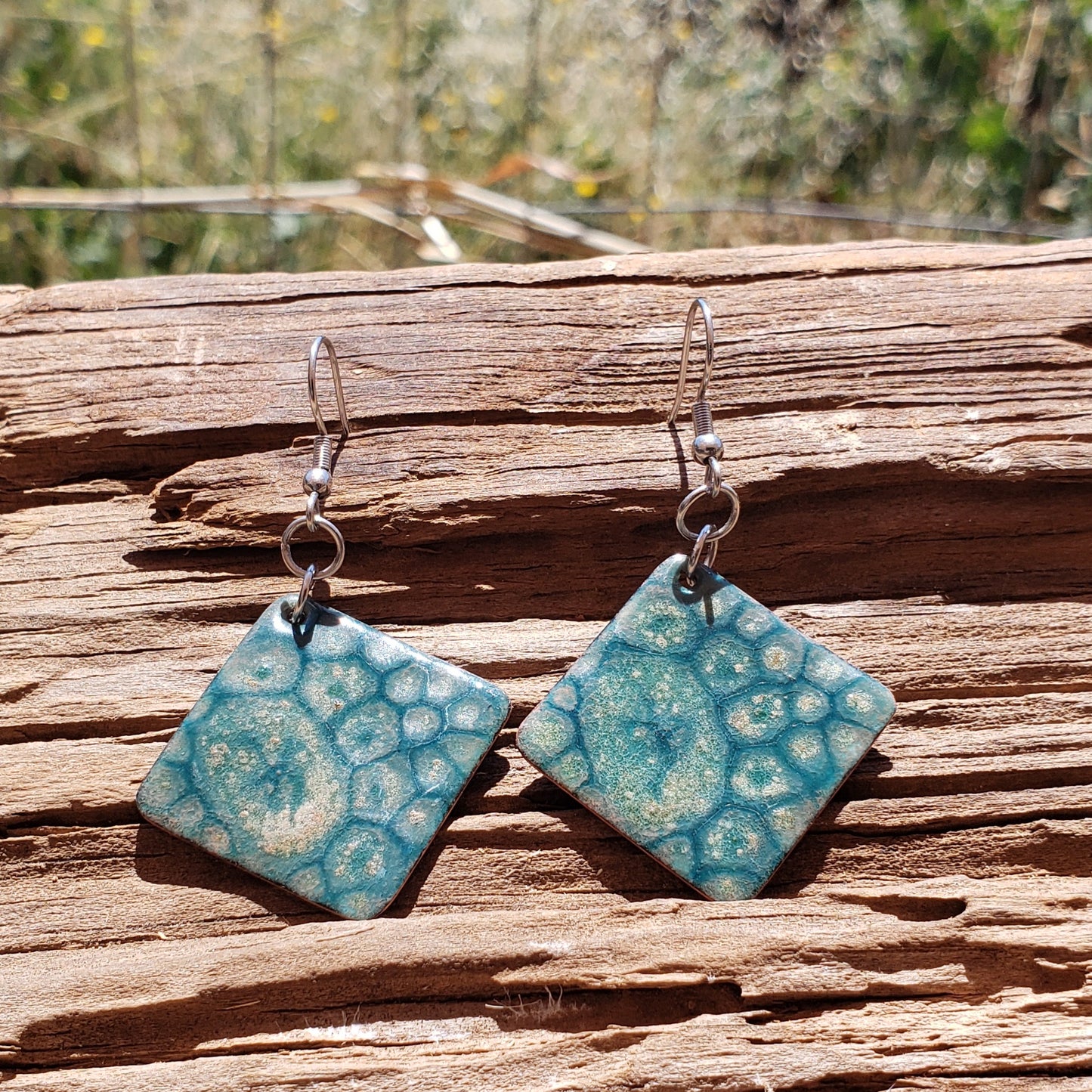 Handmade Copper Enameled Earrings - Blue Beige Yellow Swirls