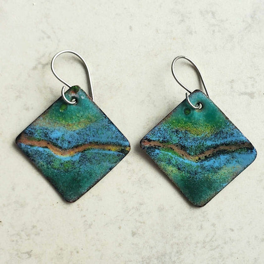 Copper Enamel Earrings - Boho Dangle Blue Green Coppery Landscape Handmade