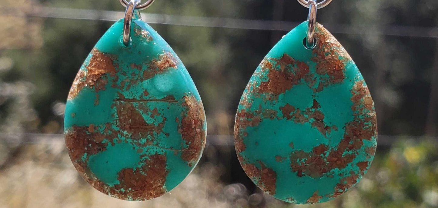Boho Turquoise Dangle Teardrop Earrings- Bright Turquoise Marble Pattern