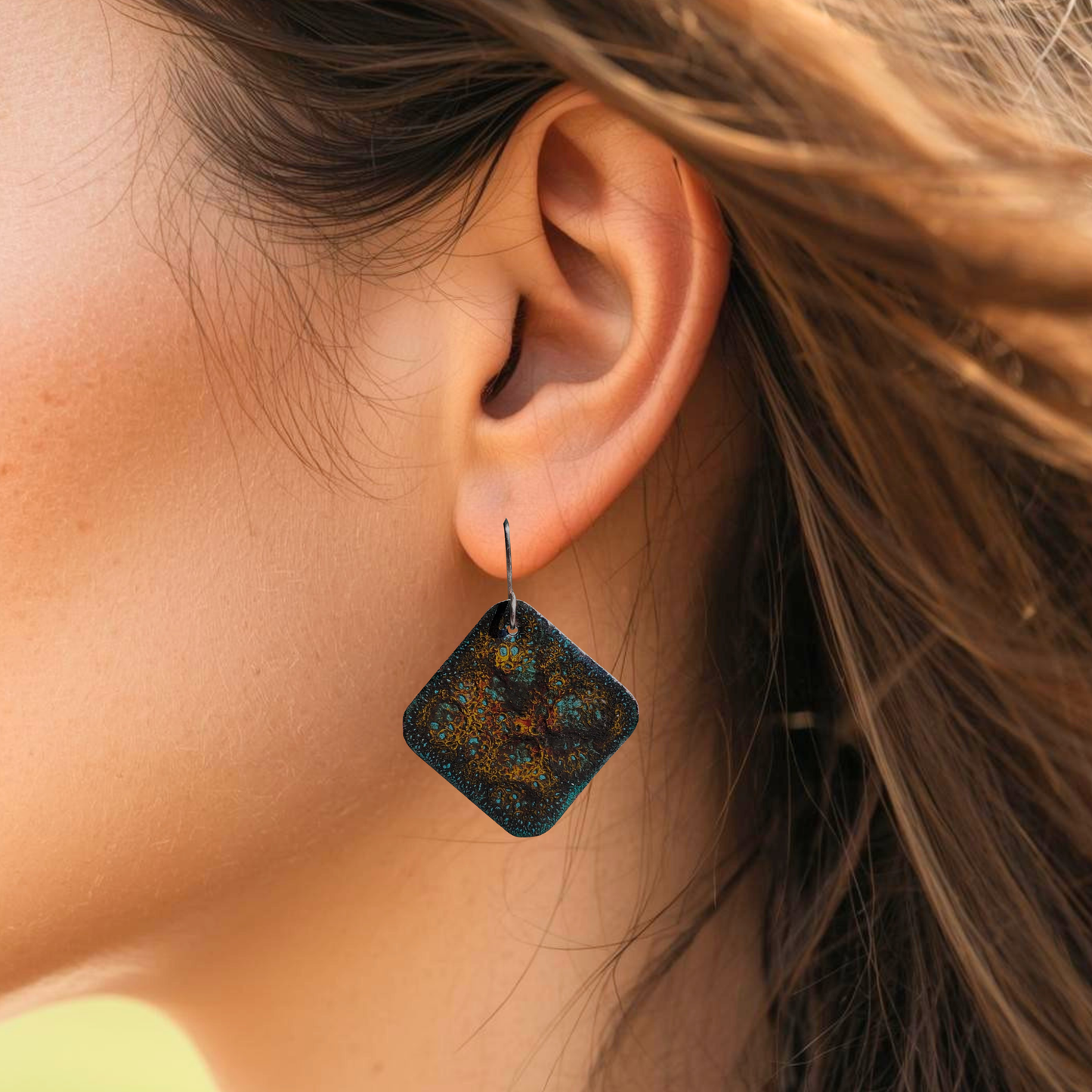 Boho Copper Dangle Earrings with Nebula-Inspired Cosmic Design - Fired Glass on Copper