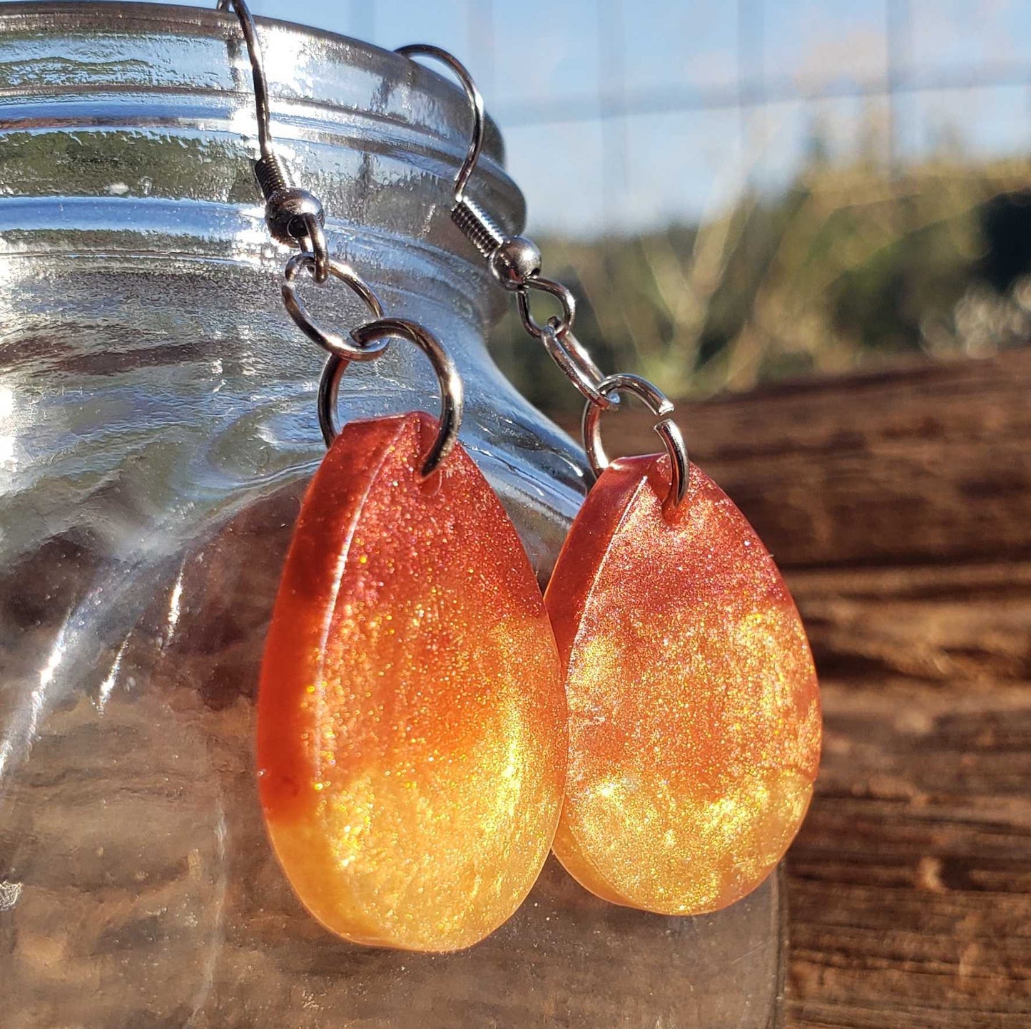 Fire Dangle Earrings Teardrop Shape Flame Red Orange Yellow