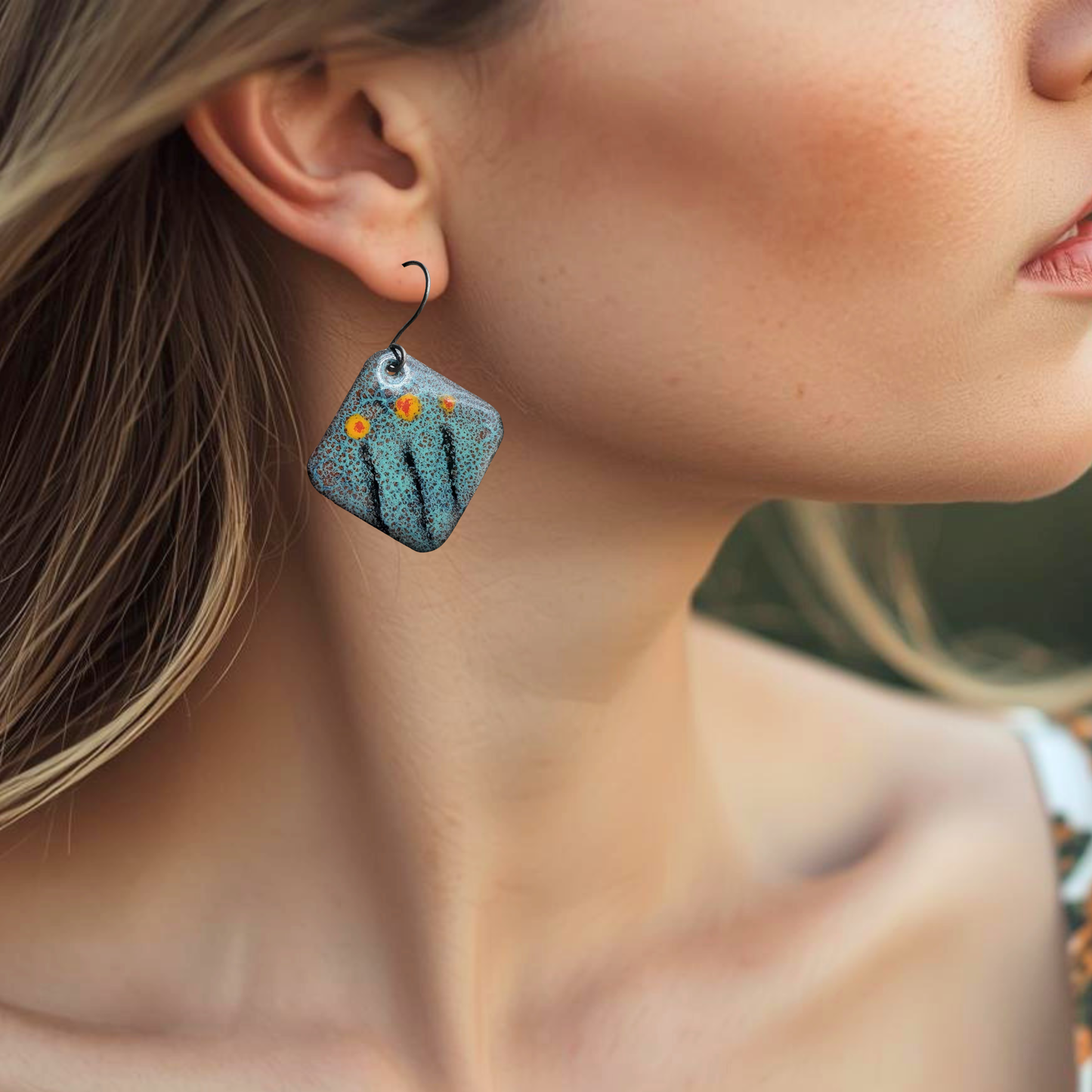 Boho Turquoise Copper Dangle Earrings 3 Yellow Flowers Crackle Pattern