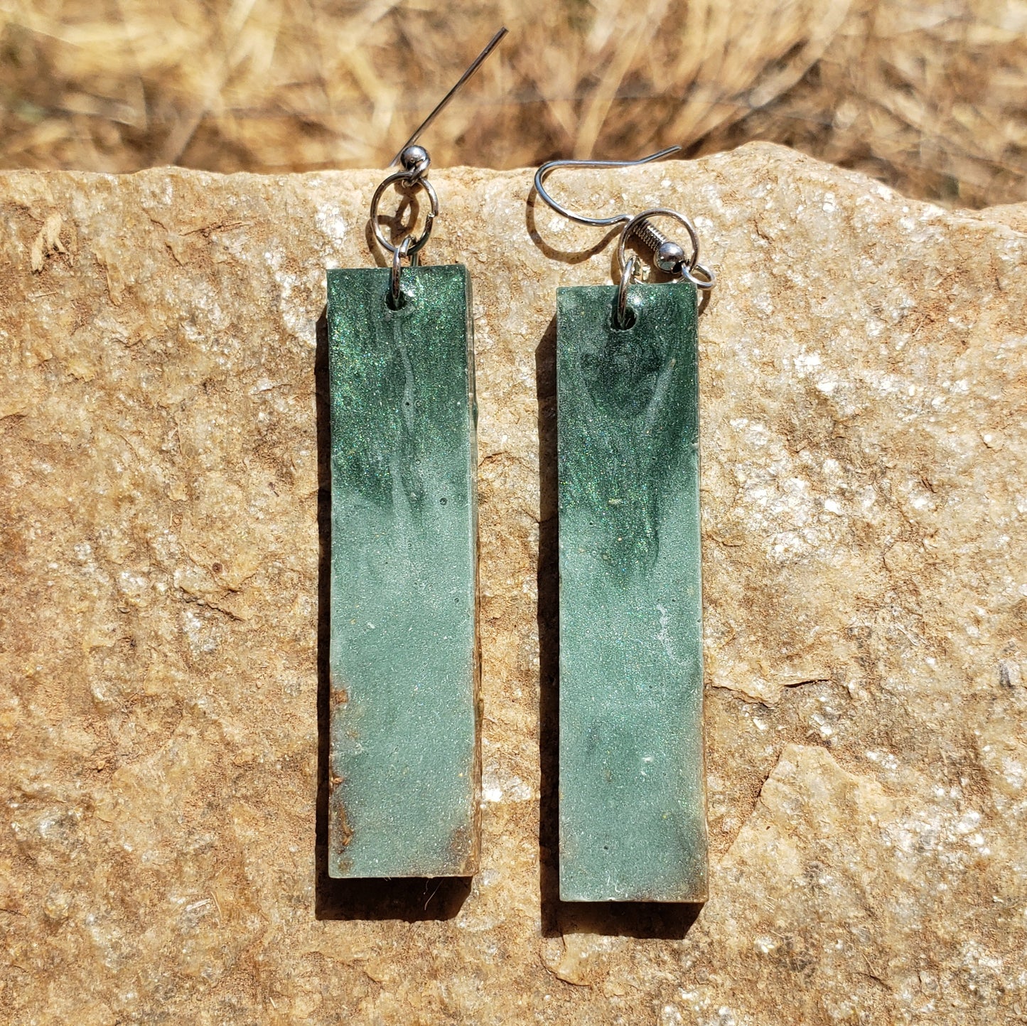 Green & Gold Bar Earrings – Real Jasmine Flower Sand Lake-Inspired Handmade