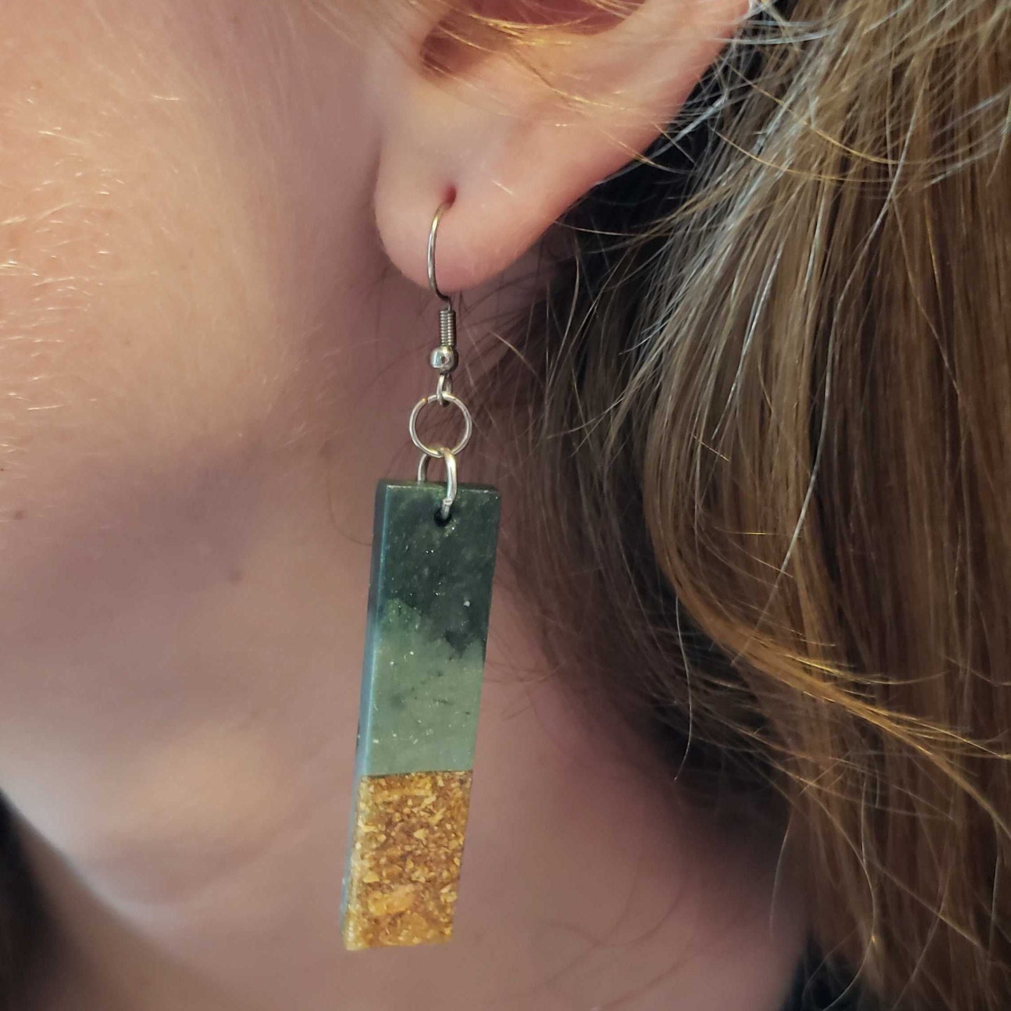 Green & Gold Bar Earrings – Real Jasmine Flower Sand Lake-Inspired Handmade