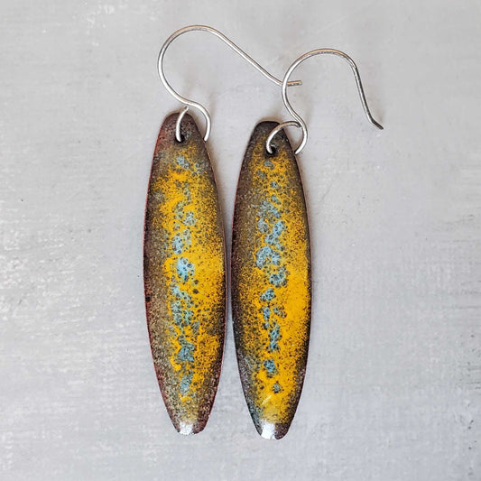 Long Oval Copper Earrings Dangle Yellow Blue Crackle Design - Fishing Vibes