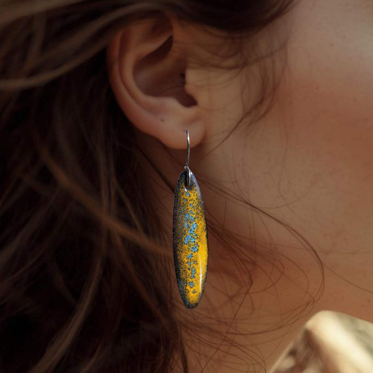 Long Oval Copper Earrings Dangle Yellow Blue Crackle Design - Fishing Vibes
