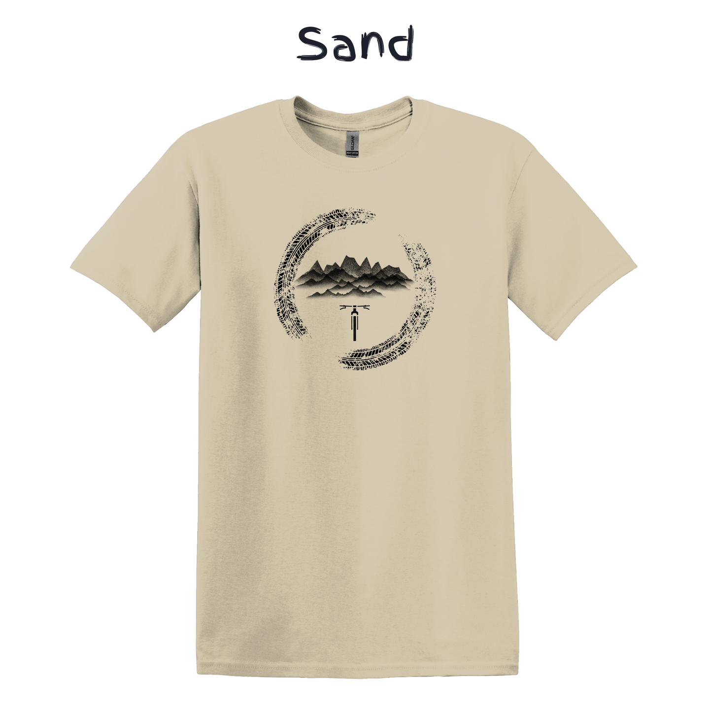 Beige t-shirt with black mountain bike graphic design on a white background