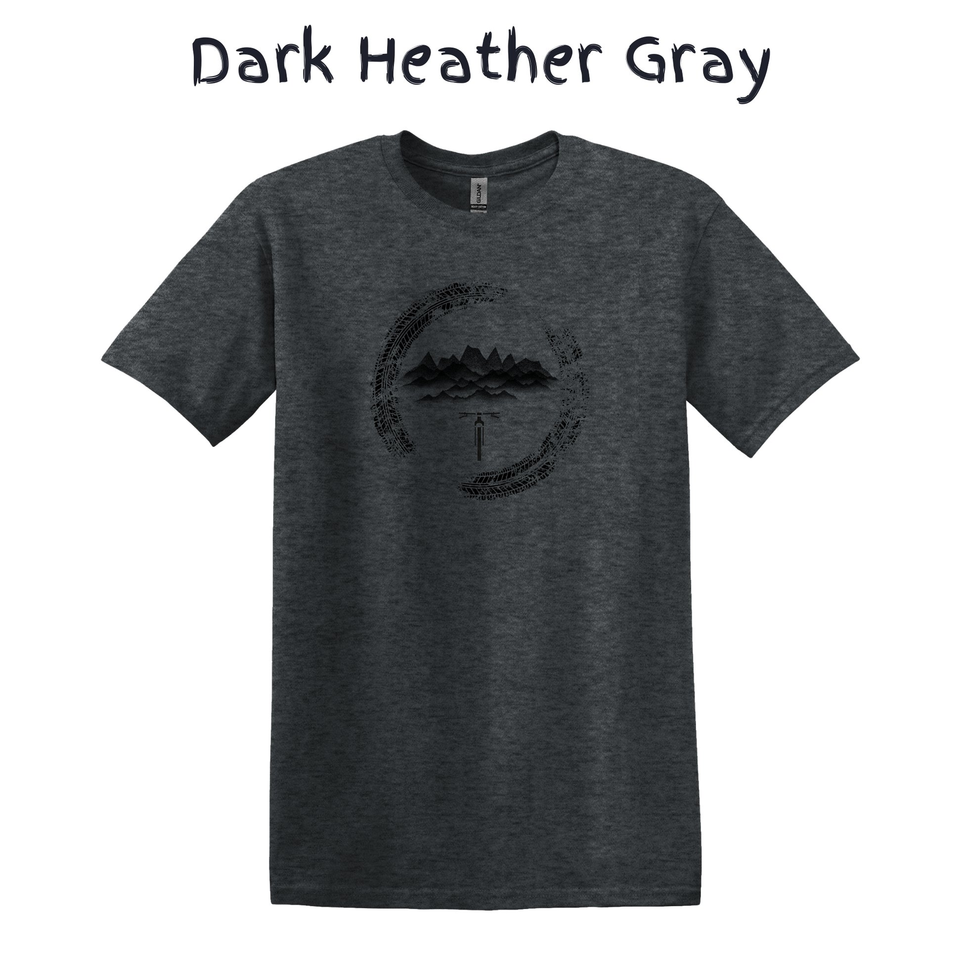 Dark Heather Gray t-shirt with a black mountain bike graphic design on a white background