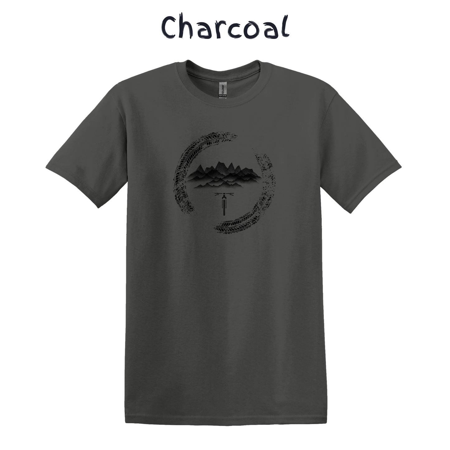 Charcoal t-shirt with a black mountain bike graphic design on a white background