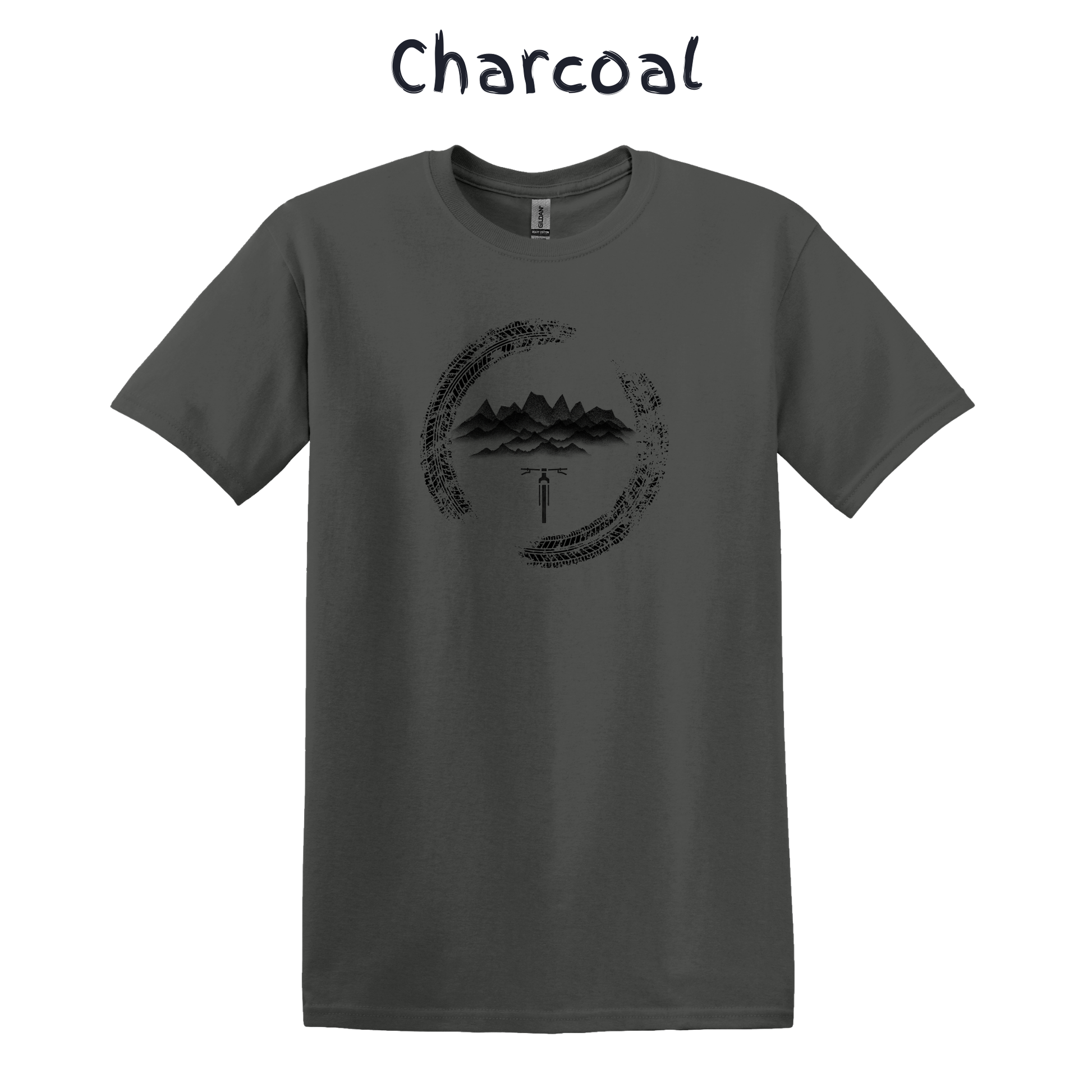 Charcoal t-shirt with a black mountain bike graphic design on a white background